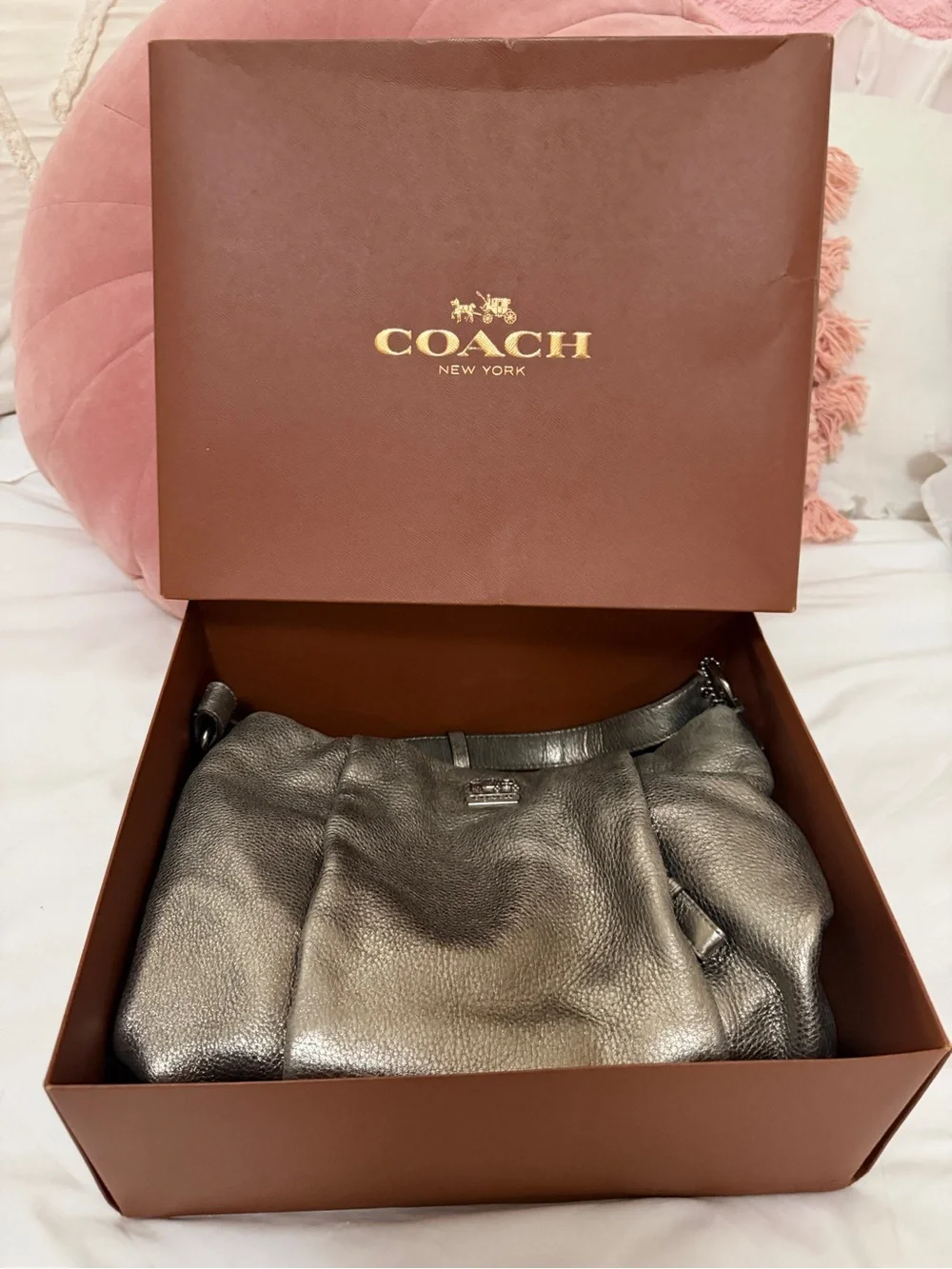 Coach Metallic Pebbled Leather Shoulder Bag - Gunmetal